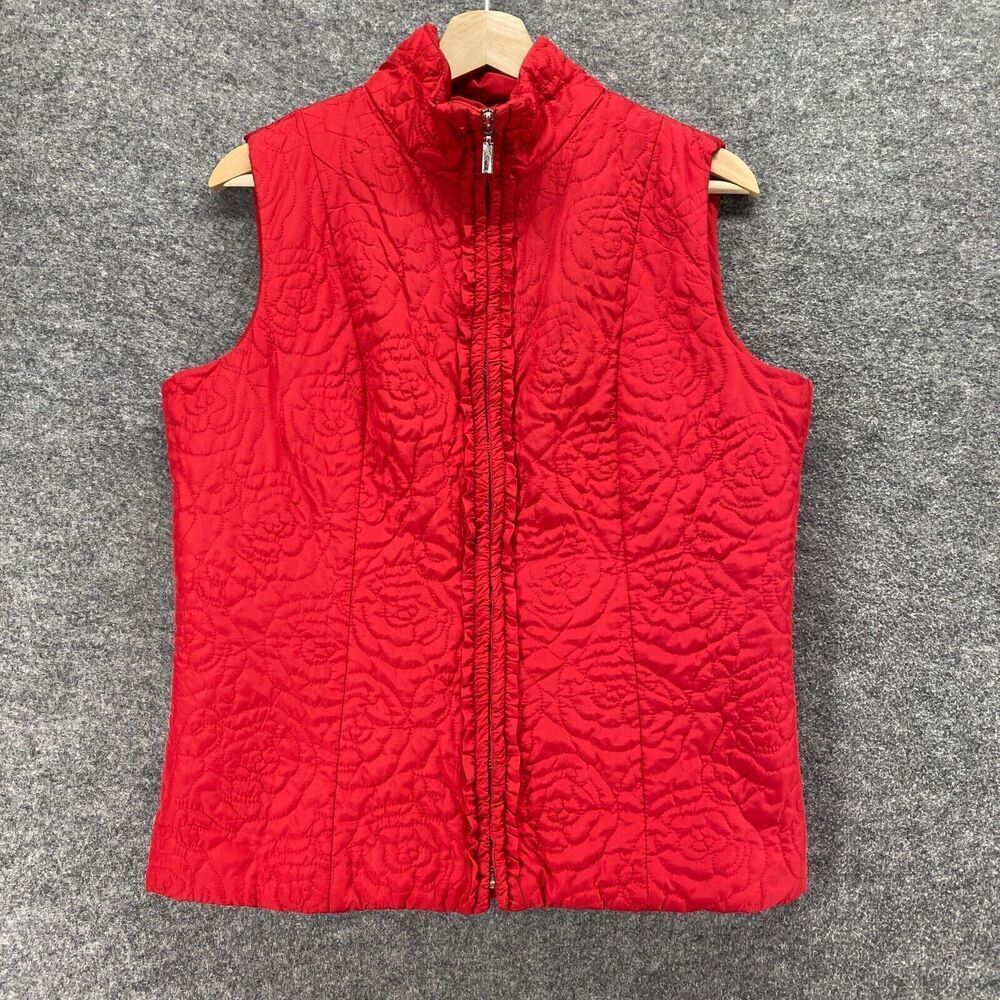 Charter Club Quilted Vest Women M Medium Red Floral Full Zip High Neck Lined
